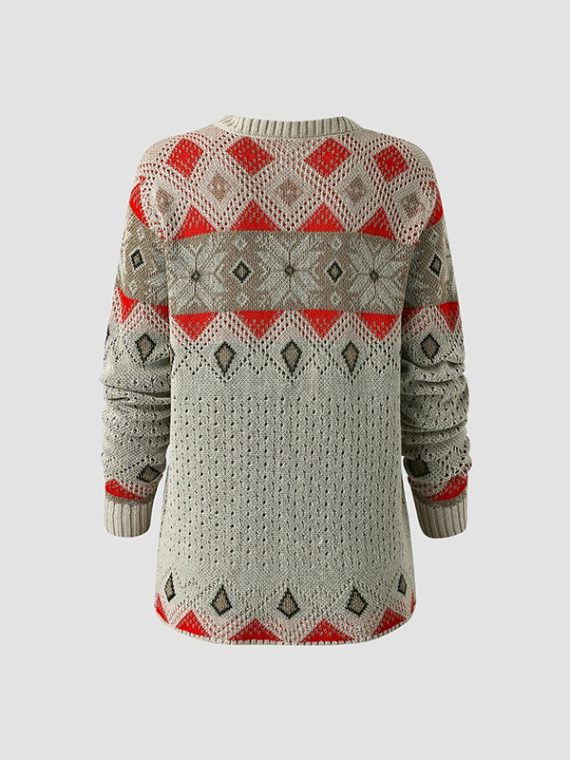 Apricot Casual Tops Round Neck Long Sleeve Geometric Printed Sweater - Image 2