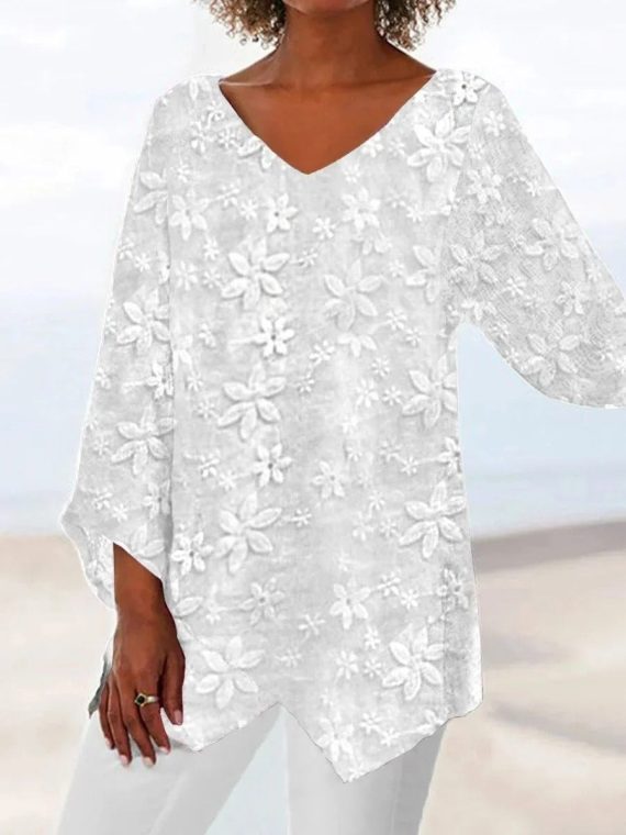 Elegant White Floral Lace V Neck Long Sleeve Blouse