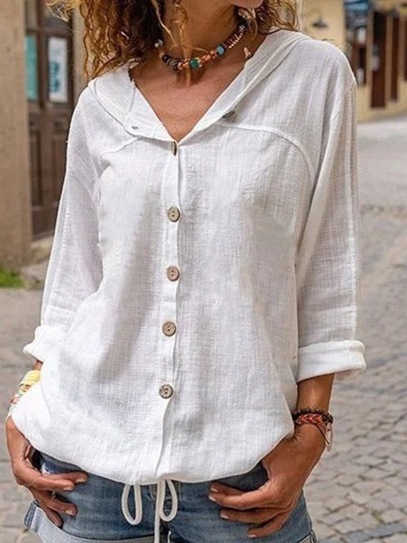 Casual White Long Sleeve Plain Blouse