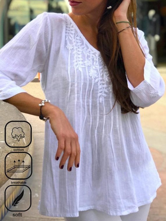 Chic Plain V Neck Lace 3/4 Sleeve Blouse - Image 2