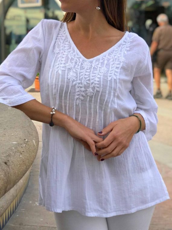 Chic Plain V Neck Lace 3/4 Sleeve Blouse