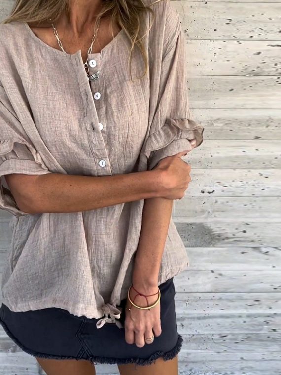 Casual Round Neck Lotus Leaf Short Sleeve Blouse - Image 2
