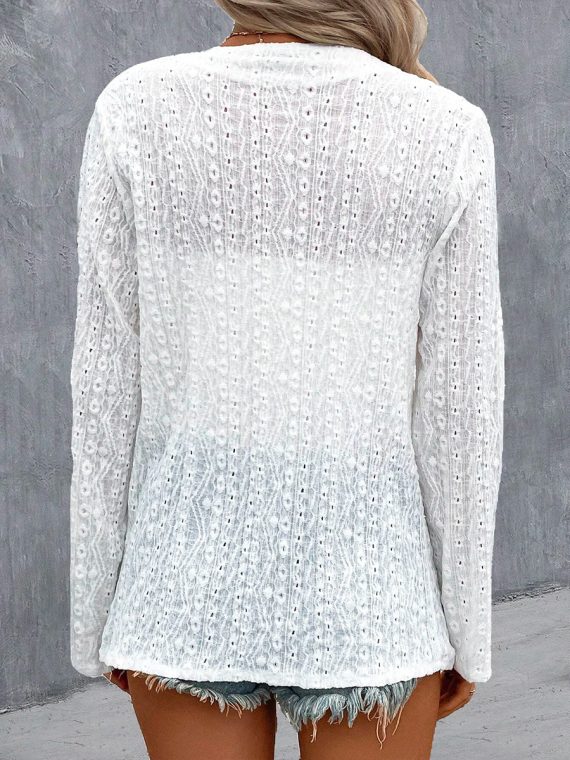 3/4 Sleeve Plain Embroidery Hollow Out Casual Loose Top - Image 2
