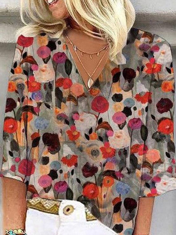 Colorful Floral 3/4 Sleeve V Neck Blouse