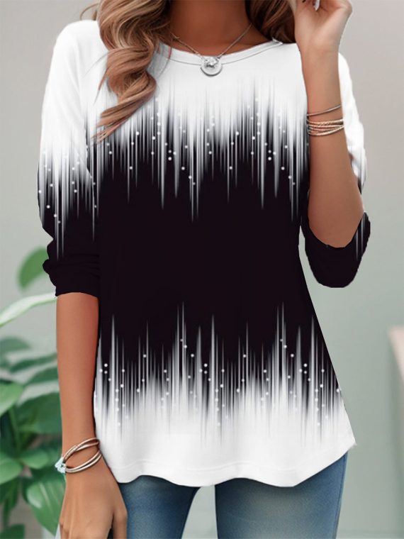 Casual Colorblock Crew Neck Long Sleeve Blouse