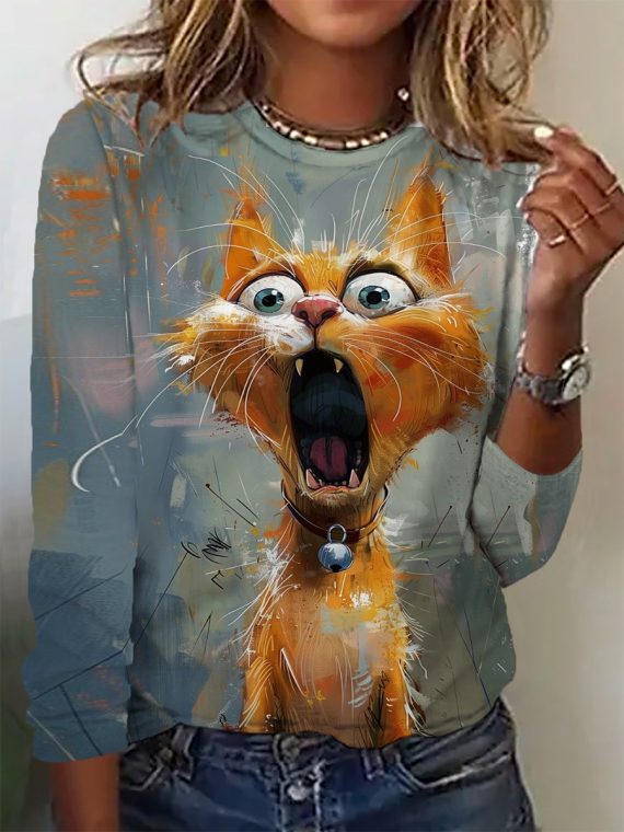 Casual Animal Crew Neck Long Sleeve Blouse