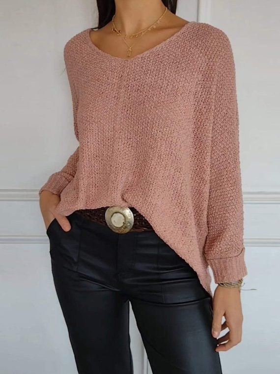 Casual Sweater Plain V-Neck Knitted Long Sleeve Tops