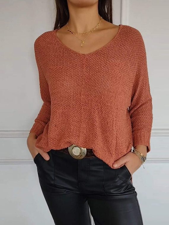 Casual Sweater Plain V-Neck Knitted Long Sleeve Tops - Image 2