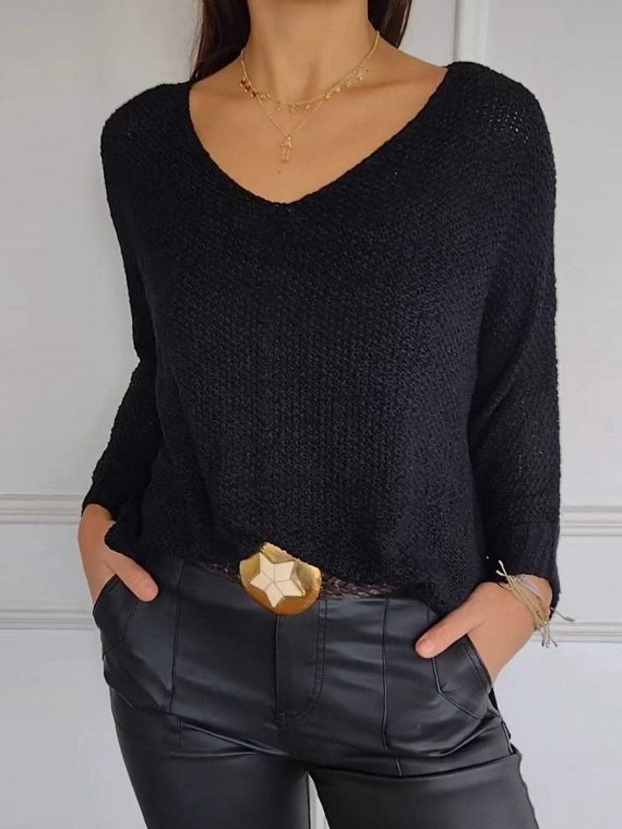 Casual Sweater Plain V-Neck Knitted Long Sleeve Tops - Image 3