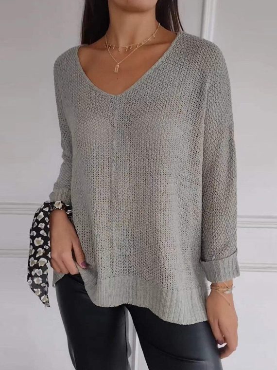 Casual Sweater Plain V-Neck Knitted Long Sleeve Tops - Image 4