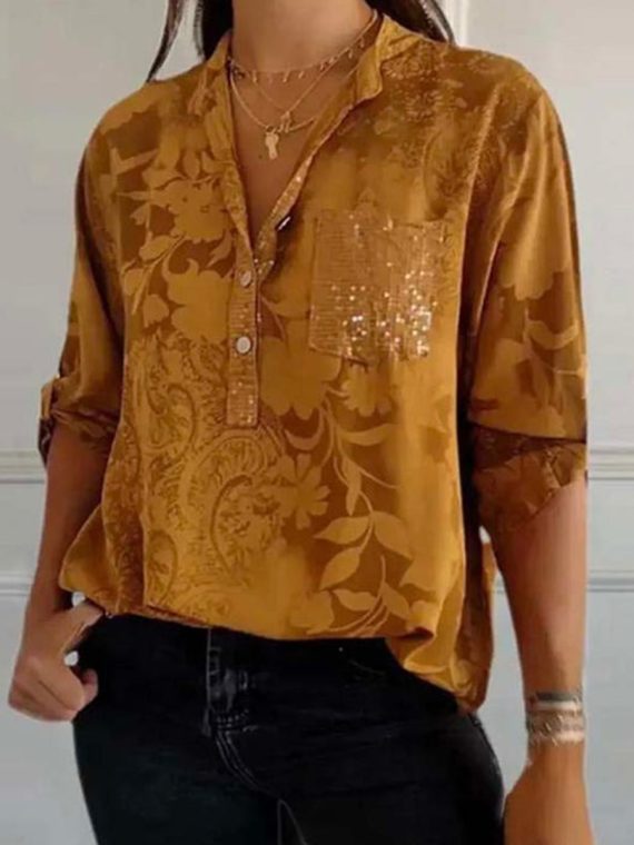 Brown Vintage Floral Printed V Neck Blouse