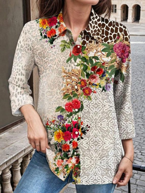 Casual Floral Print Long Sleeve Buttoned Blouse