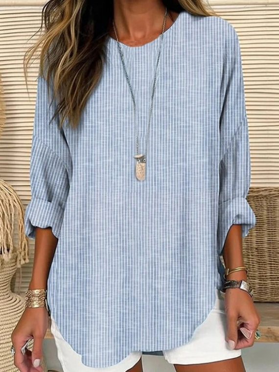 Casual Striped Round Neck Blouse - Image 2