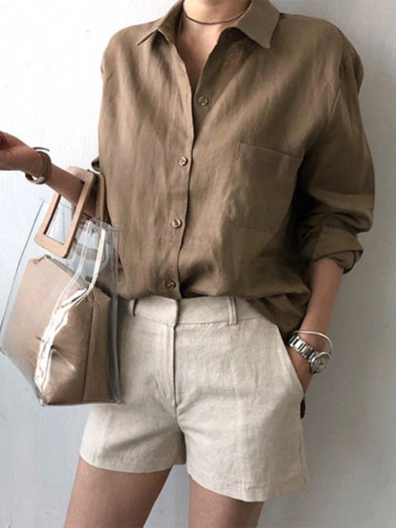 Coffee Casual Loose Plain V Neck Shirt
