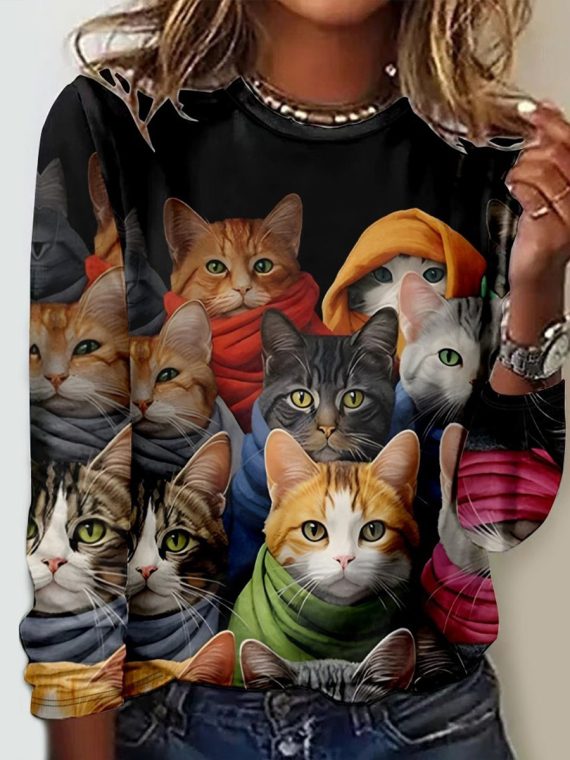 Black Cats Printed Long Sleeve Blouse