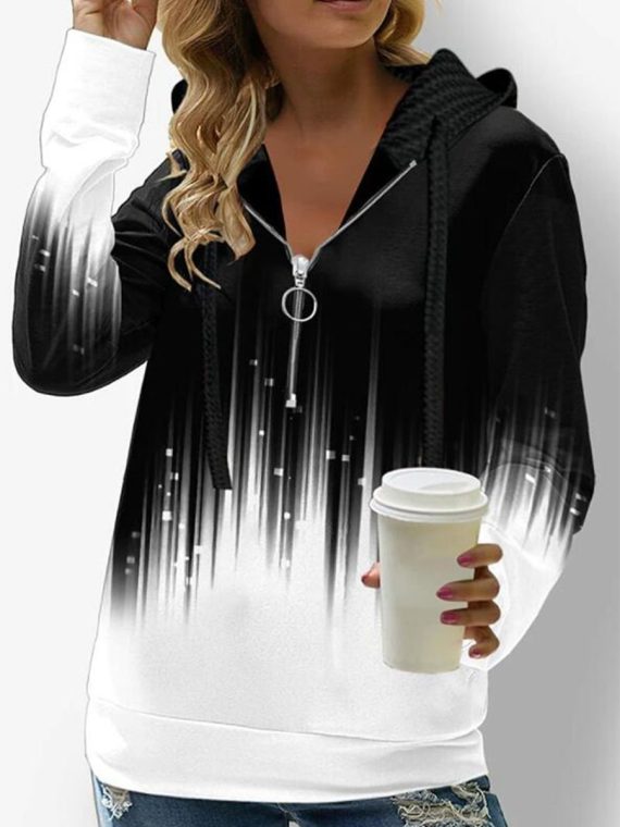 Casual Abstract Zipper V Neck Hoodie
