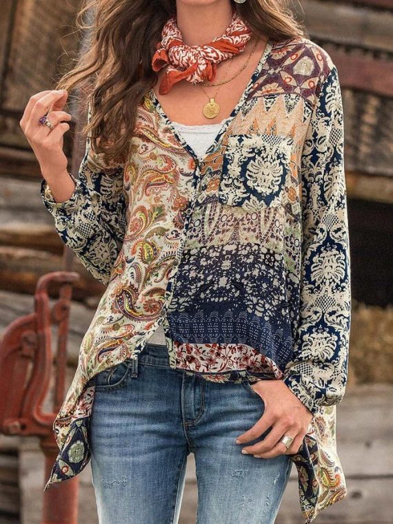 Beige Casual V Neck Printed Long Sleeve Blouse