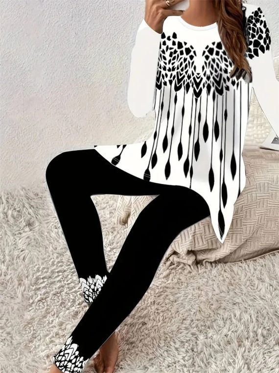Geometric Crew Neck Long Sleeve Two-Piece Set