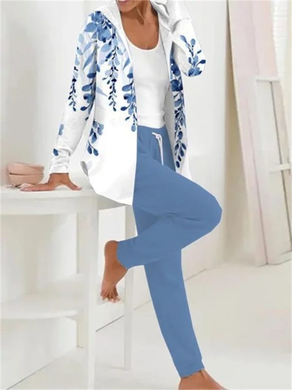 Blue Floral Hoodie Long Sleeve Comfy Two-Piece Set