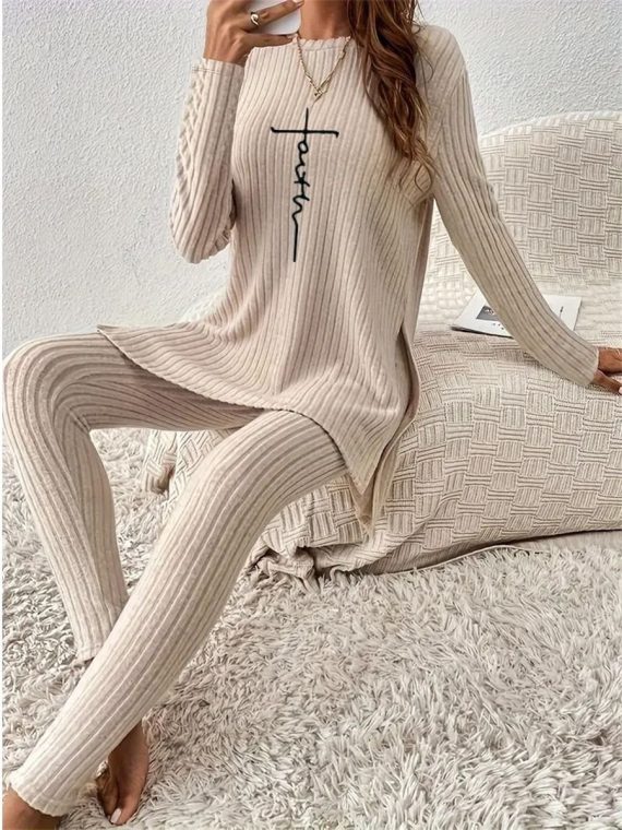 Apricot Jersey Plain Long Sleeve Comfy Two-Piece Set