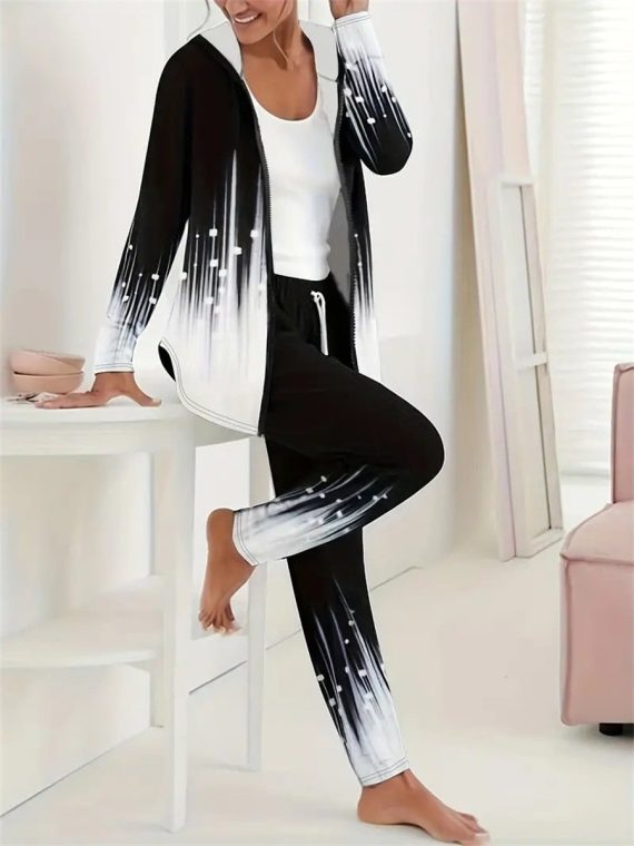 Casual Black Geometric Hoodie Long Sleeve Two-Piece Set