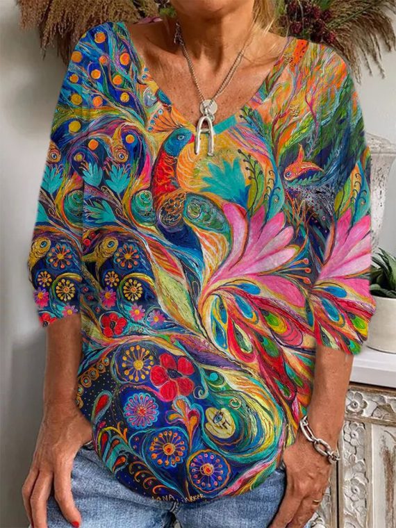 Colorful Abstract V Neck Long Sleeve Blouse