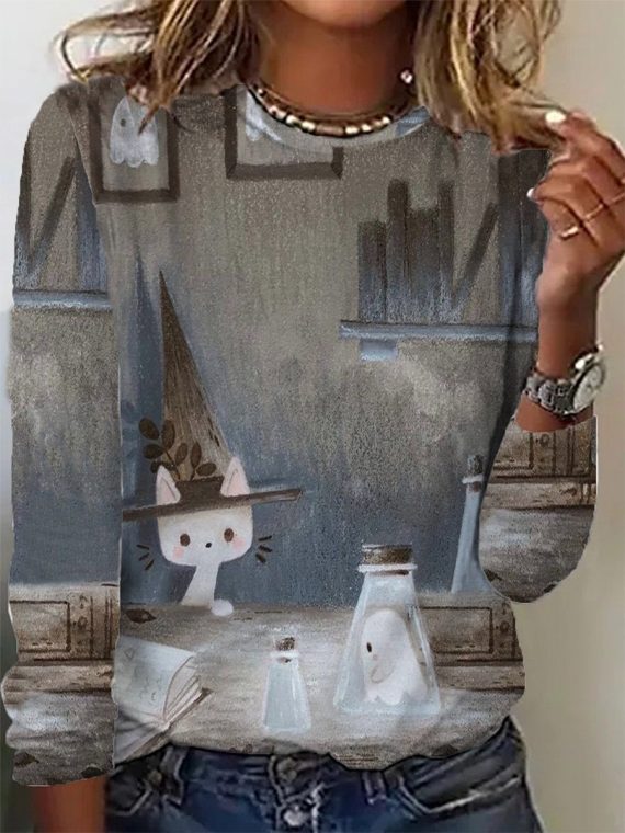 Cute Halloween Printed Crew Neck Blouse