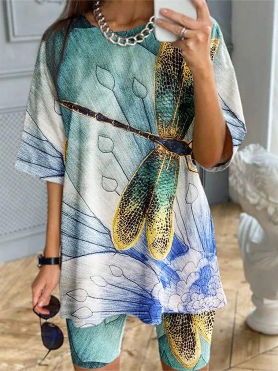 Blue Casual Graphic Tops Round Neck Dragonfly Printed Short Sleeve Blouse