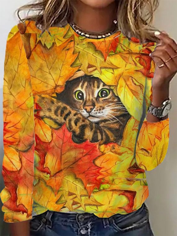 Casual Cat Crew Neck Long Sleeve Blouse