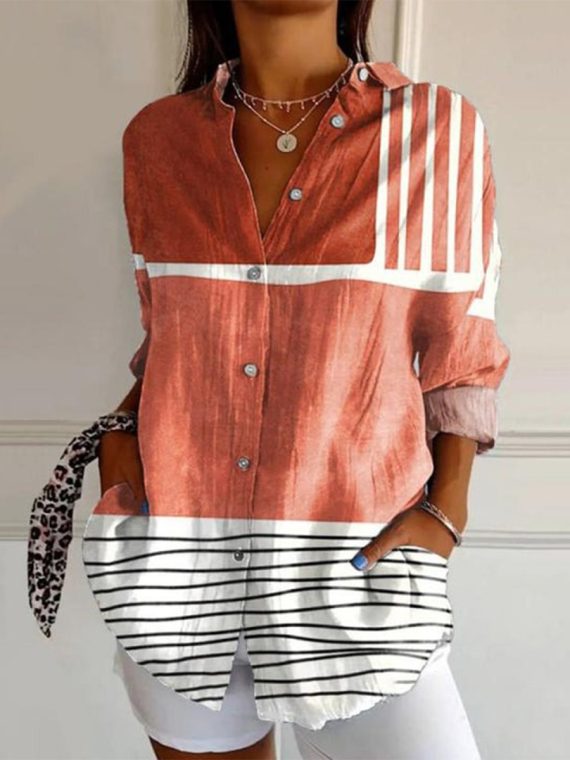 Casual Striped Colour Block Buttoned Blouse