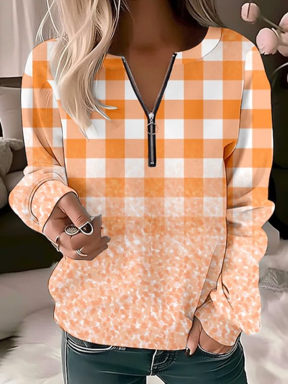 Casual Crew Neck Plaid Sweatshirt