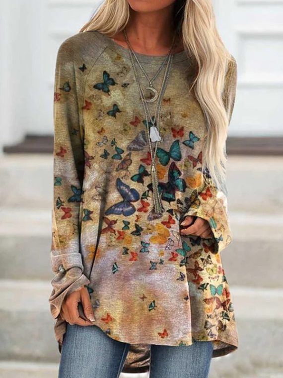 Deep Khaki Casual Graphic Tops Round Neck Long Sleeve Butterfly Printed Sweatshirts