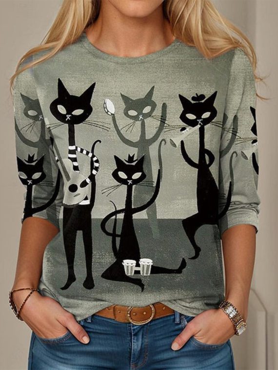 Creative Cat Print Round Neck Blouse