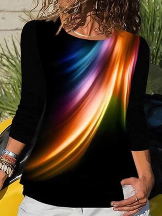 Black Casual Graphic Tops Round Neck Long Sleeve Abstract Printed Sweatshirts