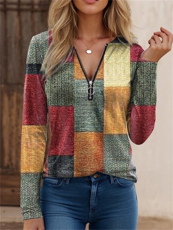 Crew Neck Long Sleeve Color Block Loose Blouse