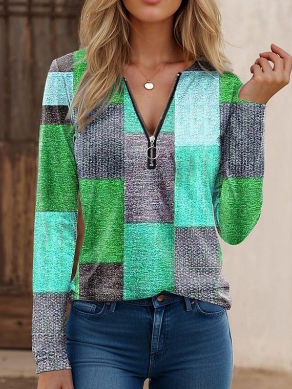 Crew Neck Long Sleeve Color Block Loose Blouse - Image 2