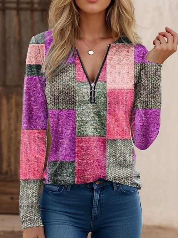 Crew Neck Long Sleeve Color Block Loose Blouse - Image 3