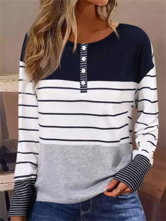 Casual Long Sleeve Striped Loose Blouse