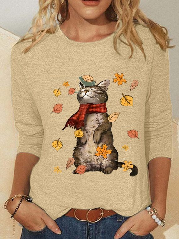 Cat And Leaves Print Crew Neck Long Sleeve Blouse - Image 2