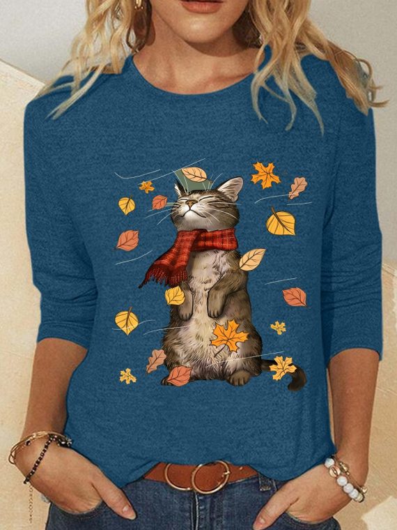 Cat And Leaves Print Crew Neck Long Sleeve Blouse - Image 3