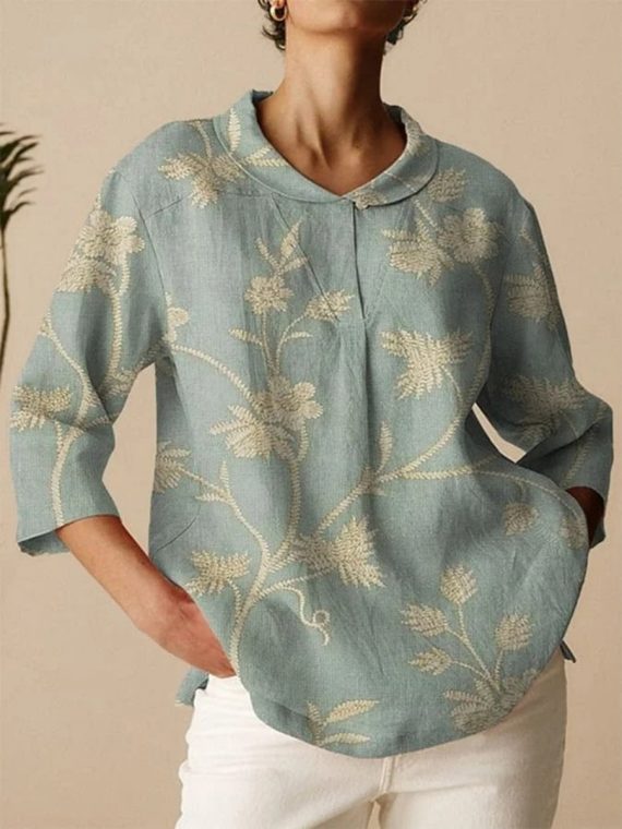 Casual Loose Fit Plants Notched Collar Shirt