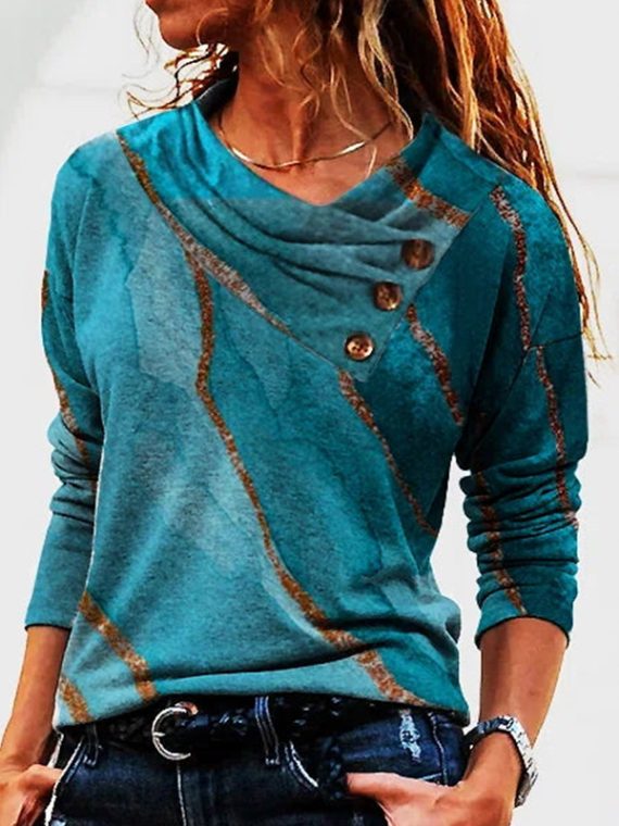 Blue Casual Graphic Tops Round Neck Long Sleeve Marble Printed Sweatshirts