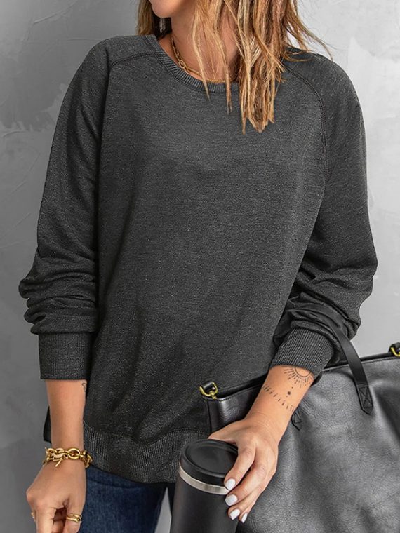 Deep Gray Casual Tops Round Neck Long Sleeve Solid Sweatshirts
