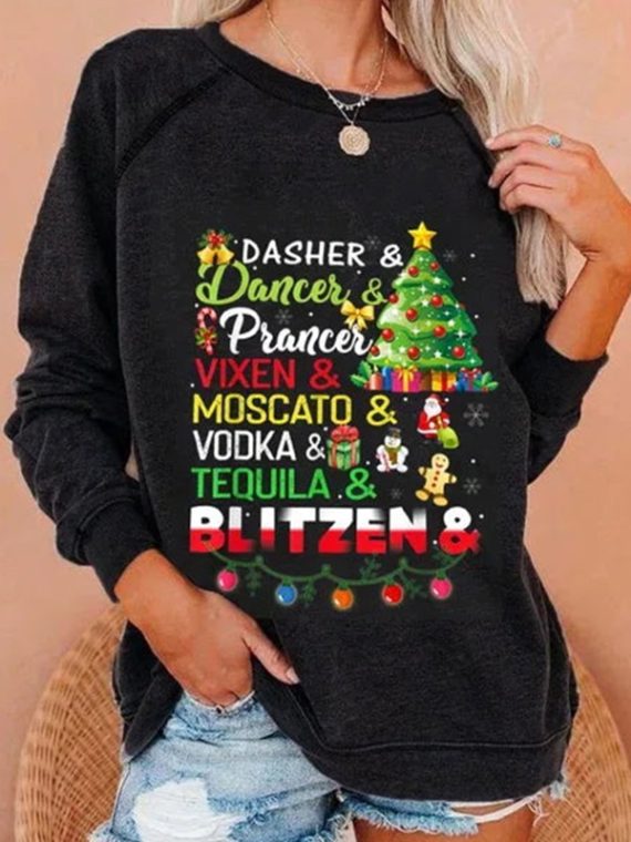 Black Casual Graphic Tops Round Neck Long Sleeve Character Printed Xmas Sweatshirts