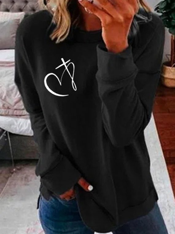 Black Casual Graphic Tops Round Neck Long Sleeve Heart Printed Sweatshirts