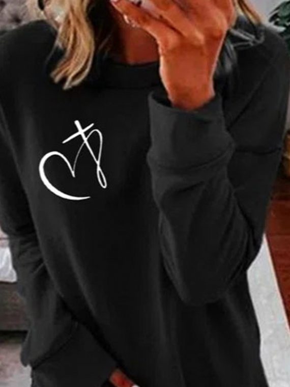Black Casual Graphic Tops Round Neck Long Sleeve Heart Printed Sweatshirts - Image 2
