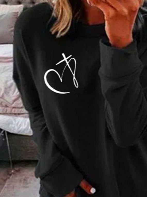 Black Casual Graphic Tops Round Neck Long Sleeve Heart Printed Sweatshirts - Image 3