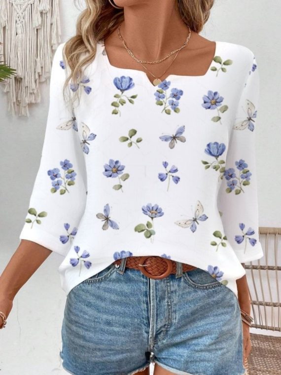 Cotton Floral Notched 3/4 Sleeve Cute Loose Blouse
