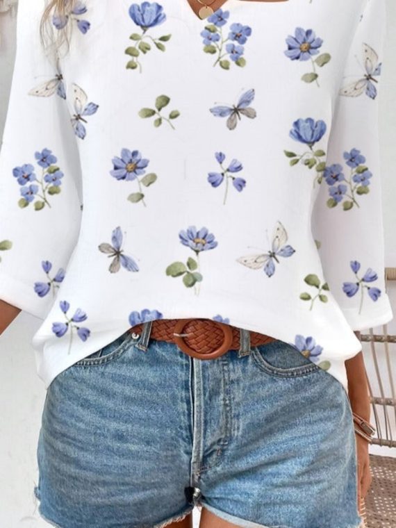 Cotton Floral Notched 3/4 Sleeve Cute Loose Blouse - Image 2