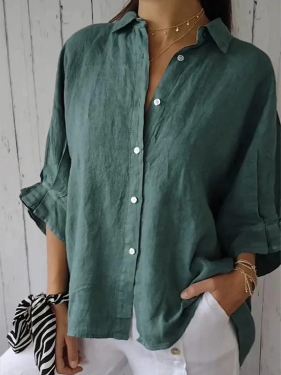 Cotton Plain Buckle Shirt Collar Half Sleeve Shirt - Image 4